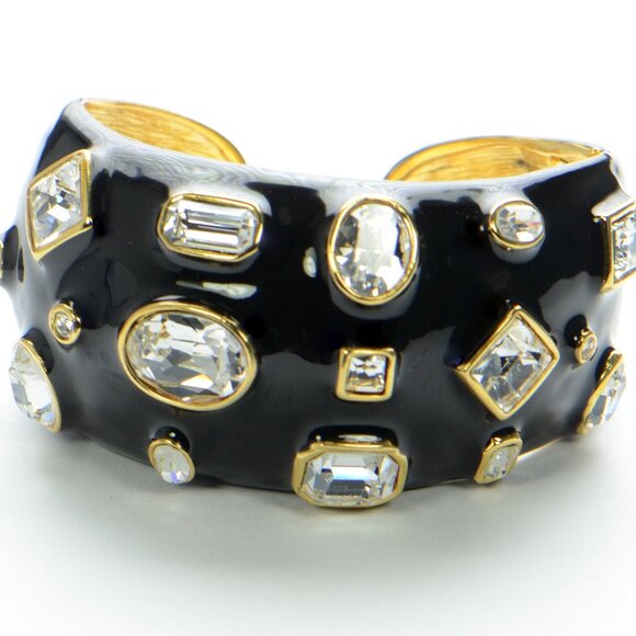 Kenneth Jay Lane KJL Black Enamel Crystal Cuff Bracelet - Picture 2 of 6